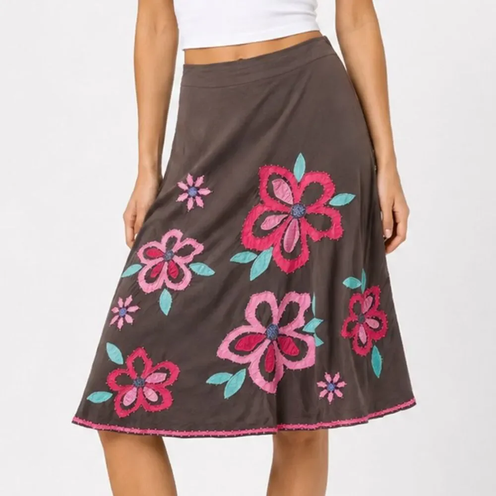 Boden Floral Appliqué A-Line Skirt Brown Pink Retro Cotton Lined Women’s 14